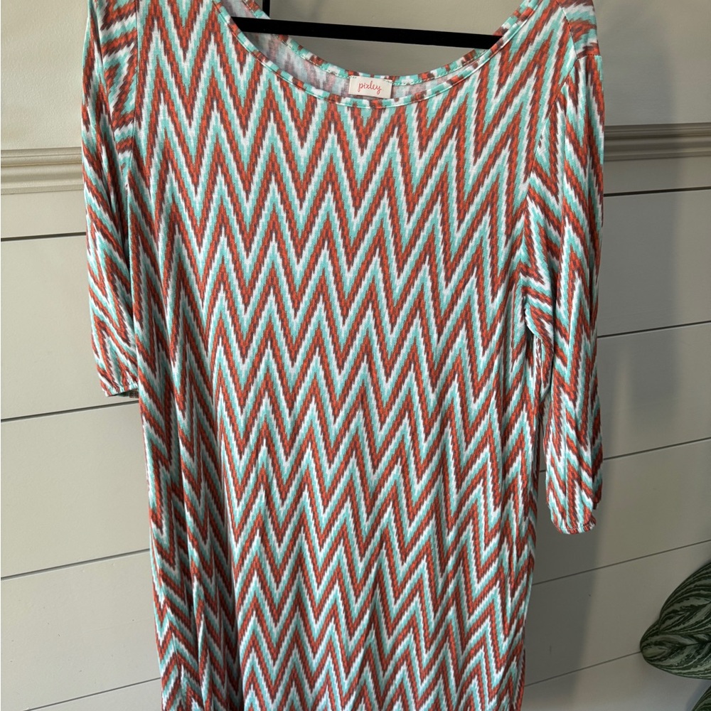 Pixley Burnt Orange, Blue and White Chevron 3/4 Sleeve Dress